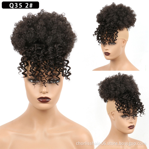 Hot Sale Ombre Chignon With Bangs Kinky Curly Bun Hairpieces Short Afro Fluffy Puff Synthetic Hair Extensions For Black Woman